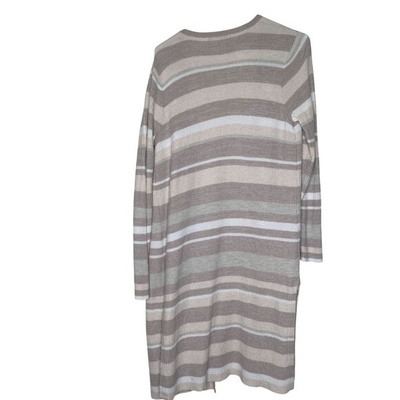 Foxcroft NYC Long Open Knit Cardigan Womens S Tan Beige Striped Lightweight - Picture 3 of 9